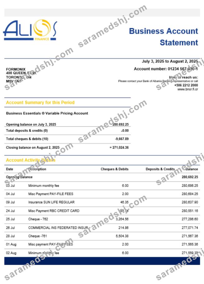 Alios Finance business firm account statement Word snd PDF format